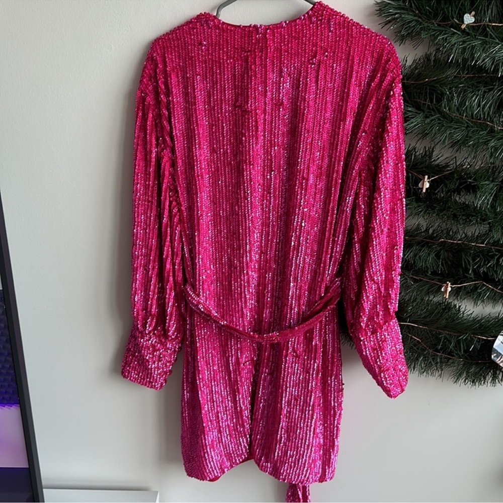 - ASOS EDITION sequin wrap mini dress in hit pink - size 6 - Picture 10 of 12